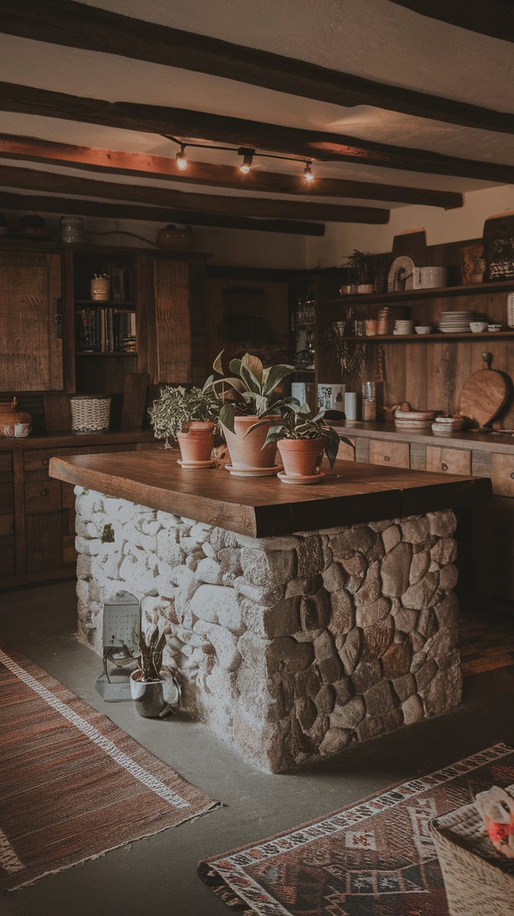 Rustic kitchen with exposed wood beams and a stone island, featuring plants on top.