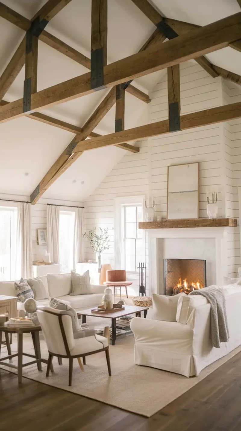 A cozy living room with exposed wood beams and white shiplap walls, featuring a fireplace and comfortable seating.