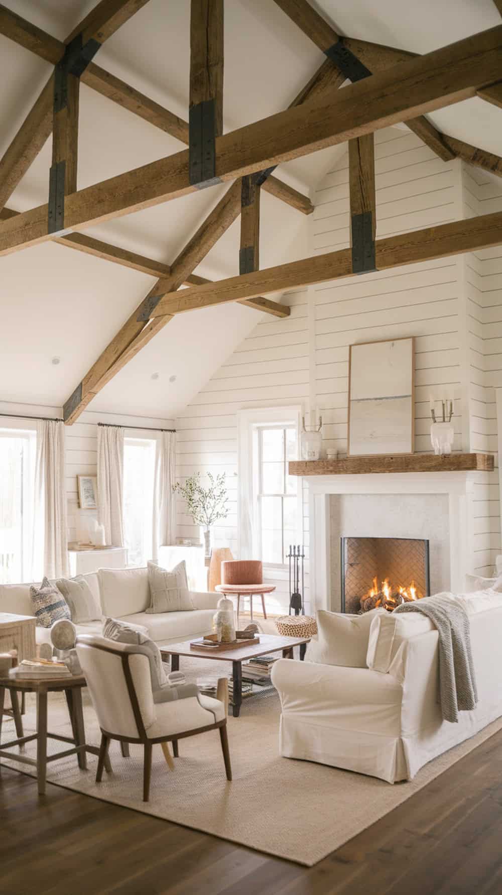 A cozy living room with exposed wood beams and white shiplap walls, featuring a fireplace and comfortable seating.