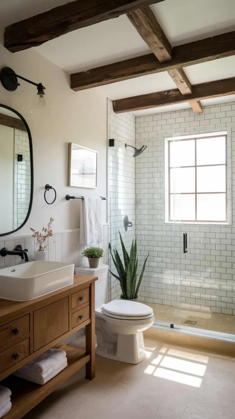 A modern rustic bathroom featuring exposed wood beams and white walls.