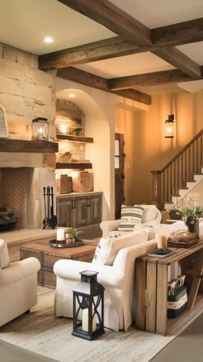 Cozy living room with a stone fireplace, comfortable seating, and warm lighting.