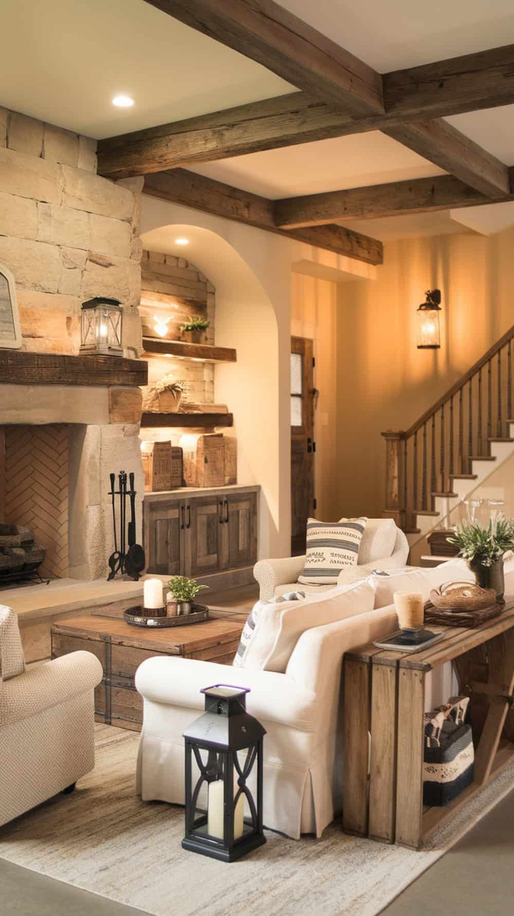 Cozy living room with a stone fireplace, comfortable seating, and warm lighting.