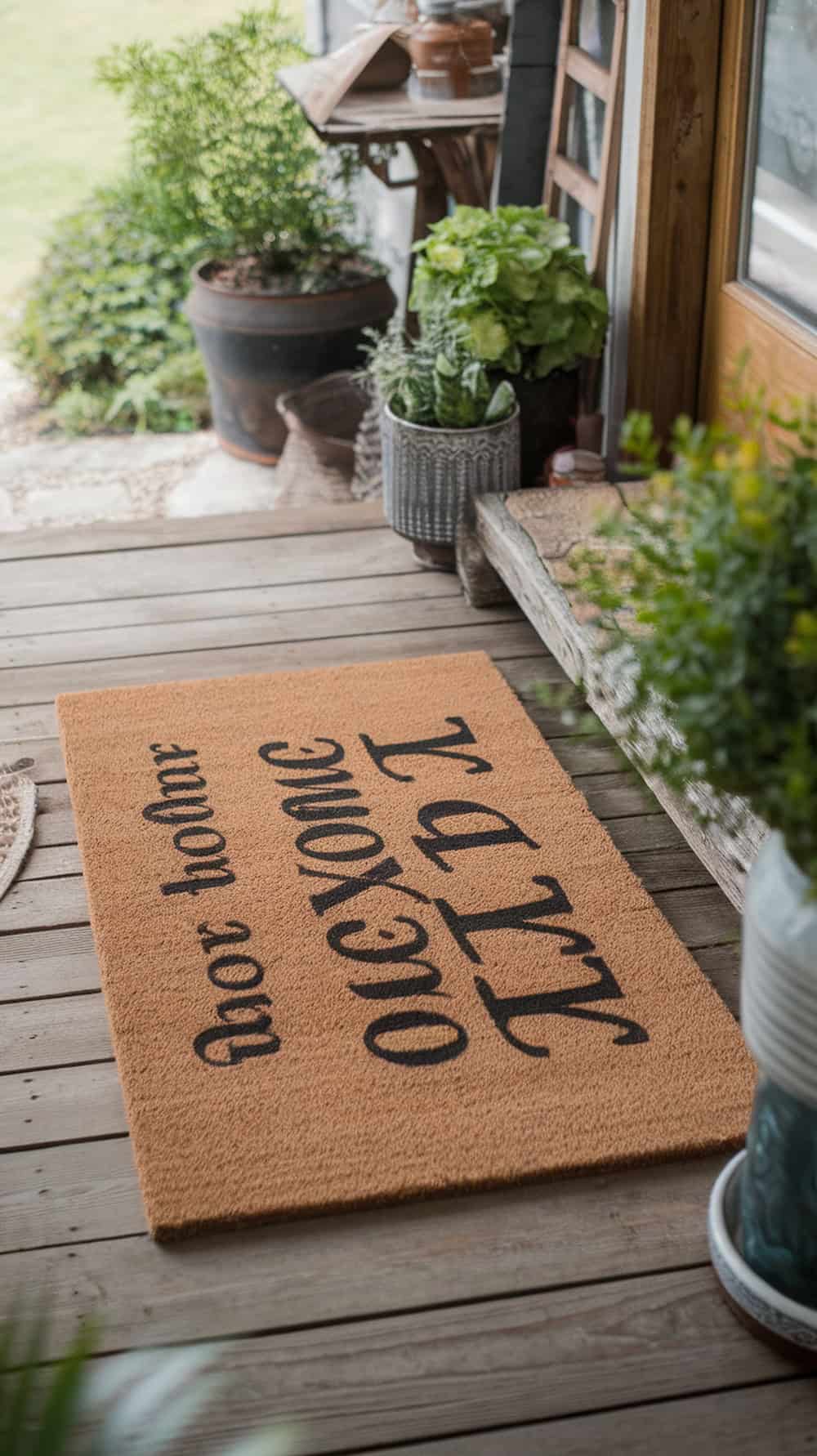 A cozy farmhouse doormat with friendly words placed on a wooden porch