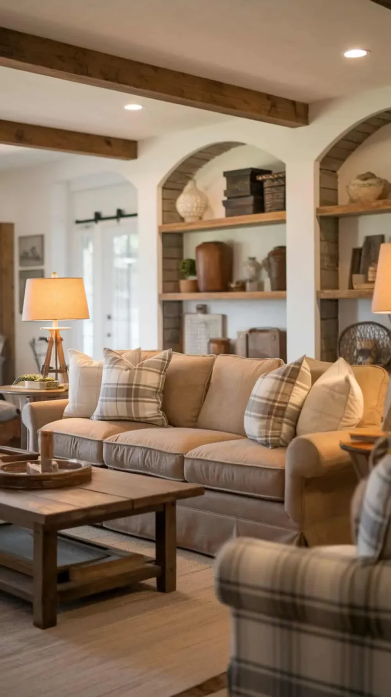 Cozy farmhouse style living room with a soft sofa and plaid pillows