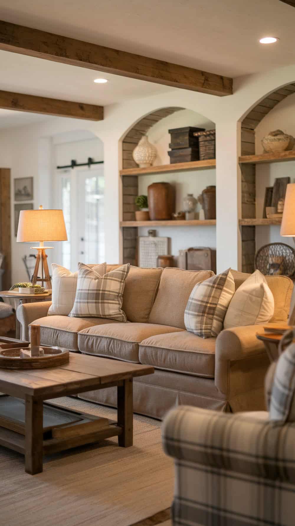 Cozy farmhouse style living room with a soft sofa and plaid pillows