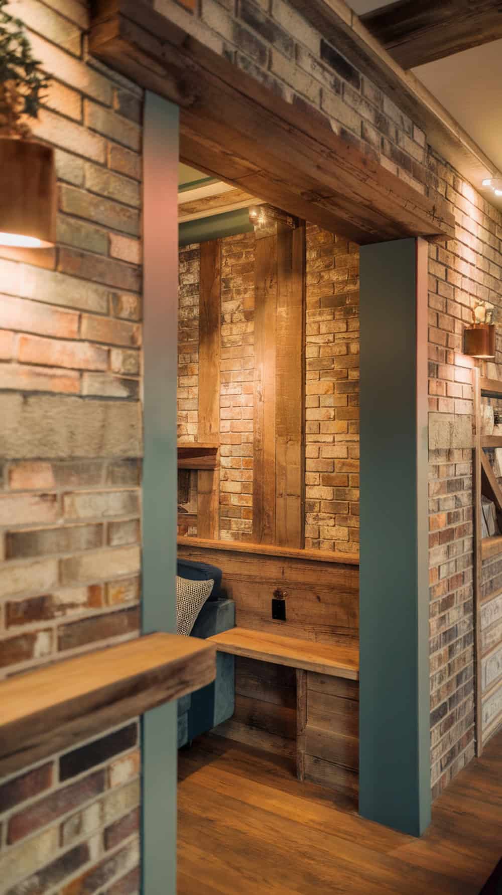 Interior view featuring faux brick panels and rustic wooden accents.