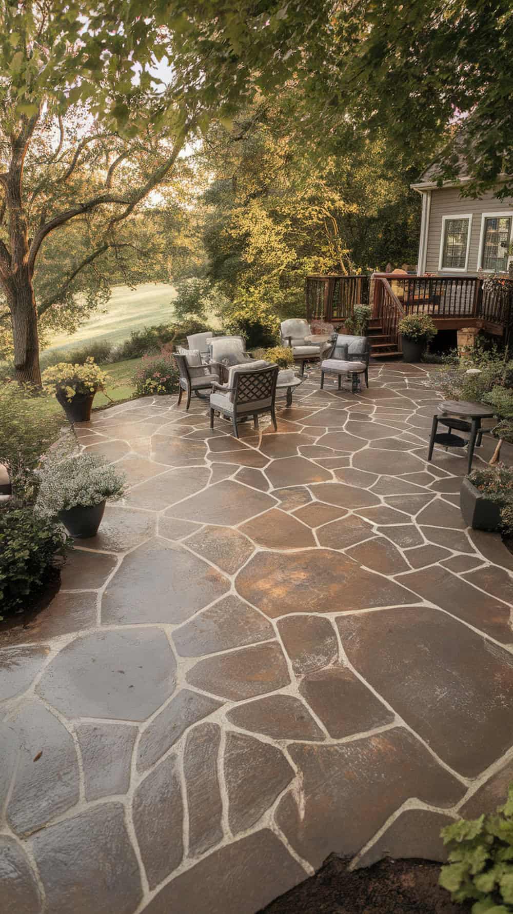 A warm gray flagstone patio with seating and plants.