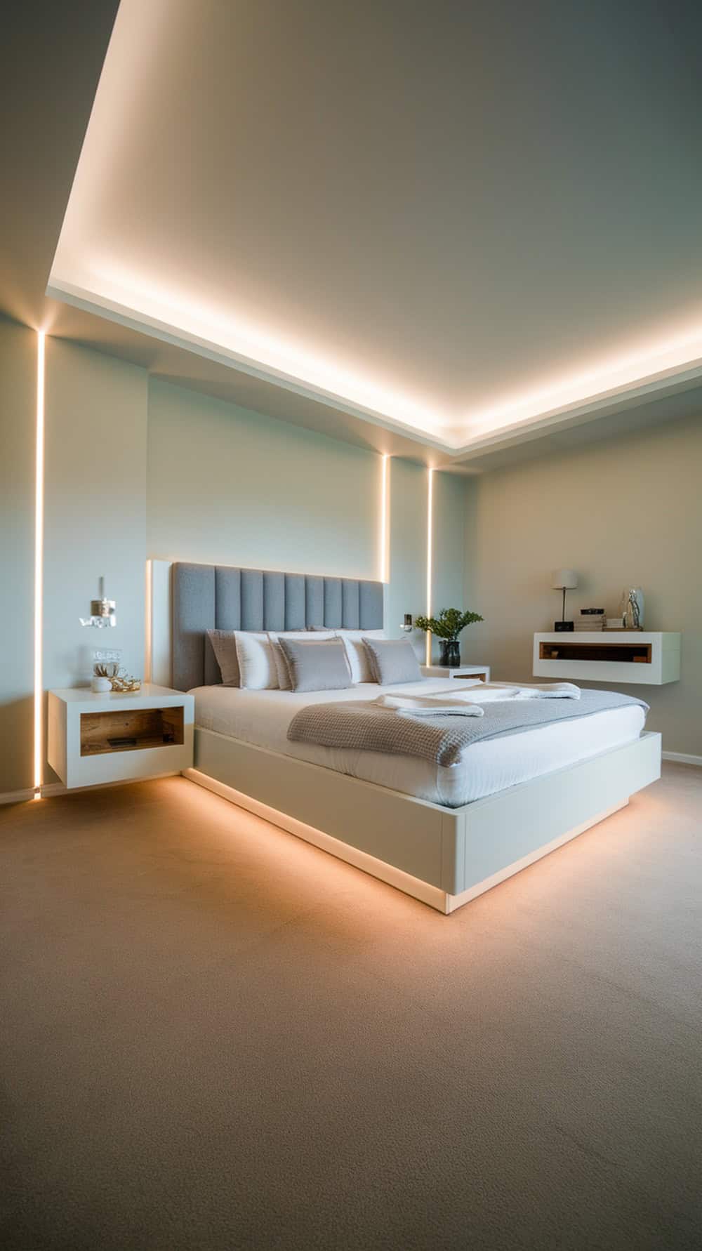 Modern bedroom with floating nightstands and hidden storage