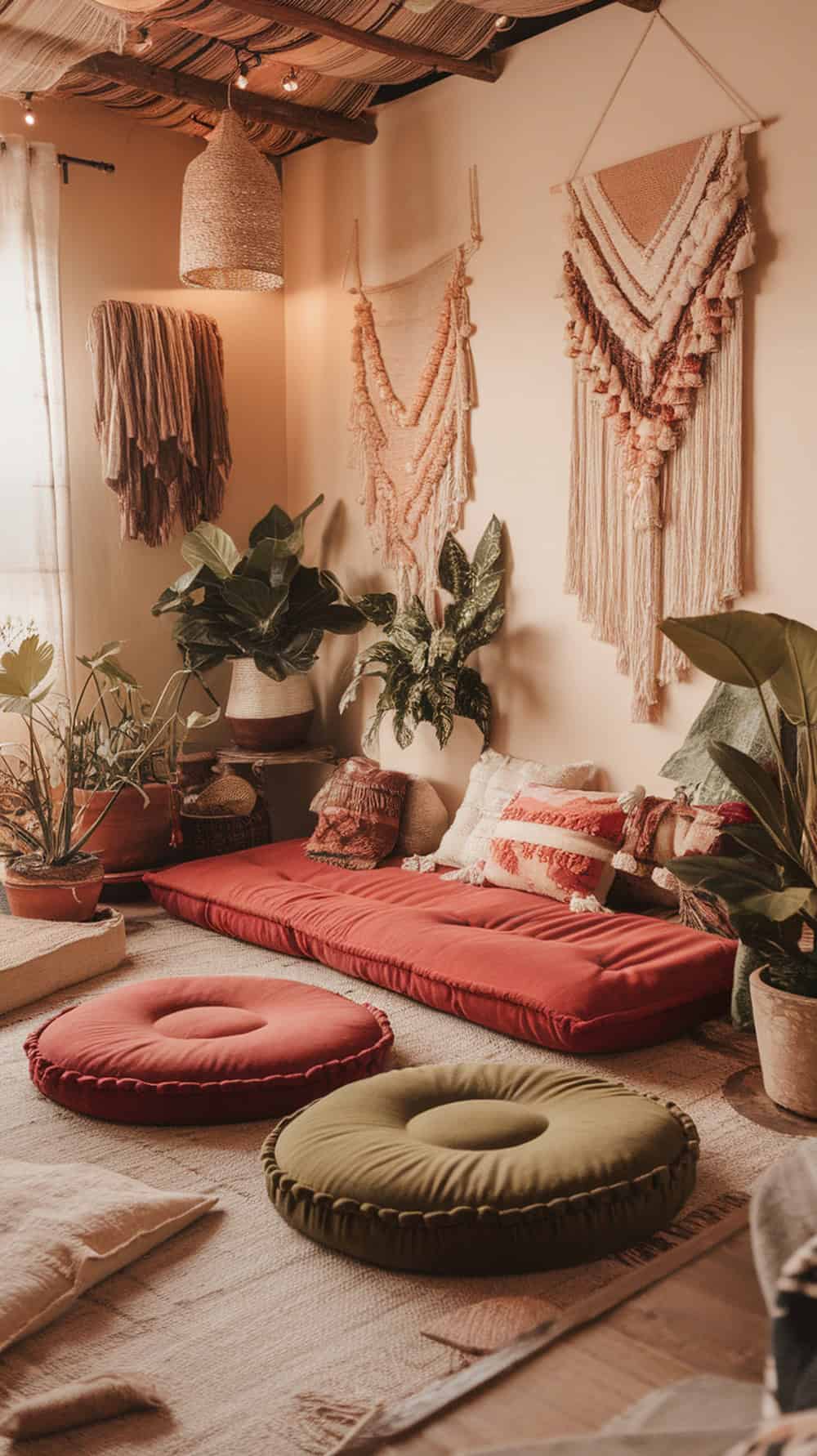 A cozy living room with terracotta and olive floor cushions, plants, and wall hangings.