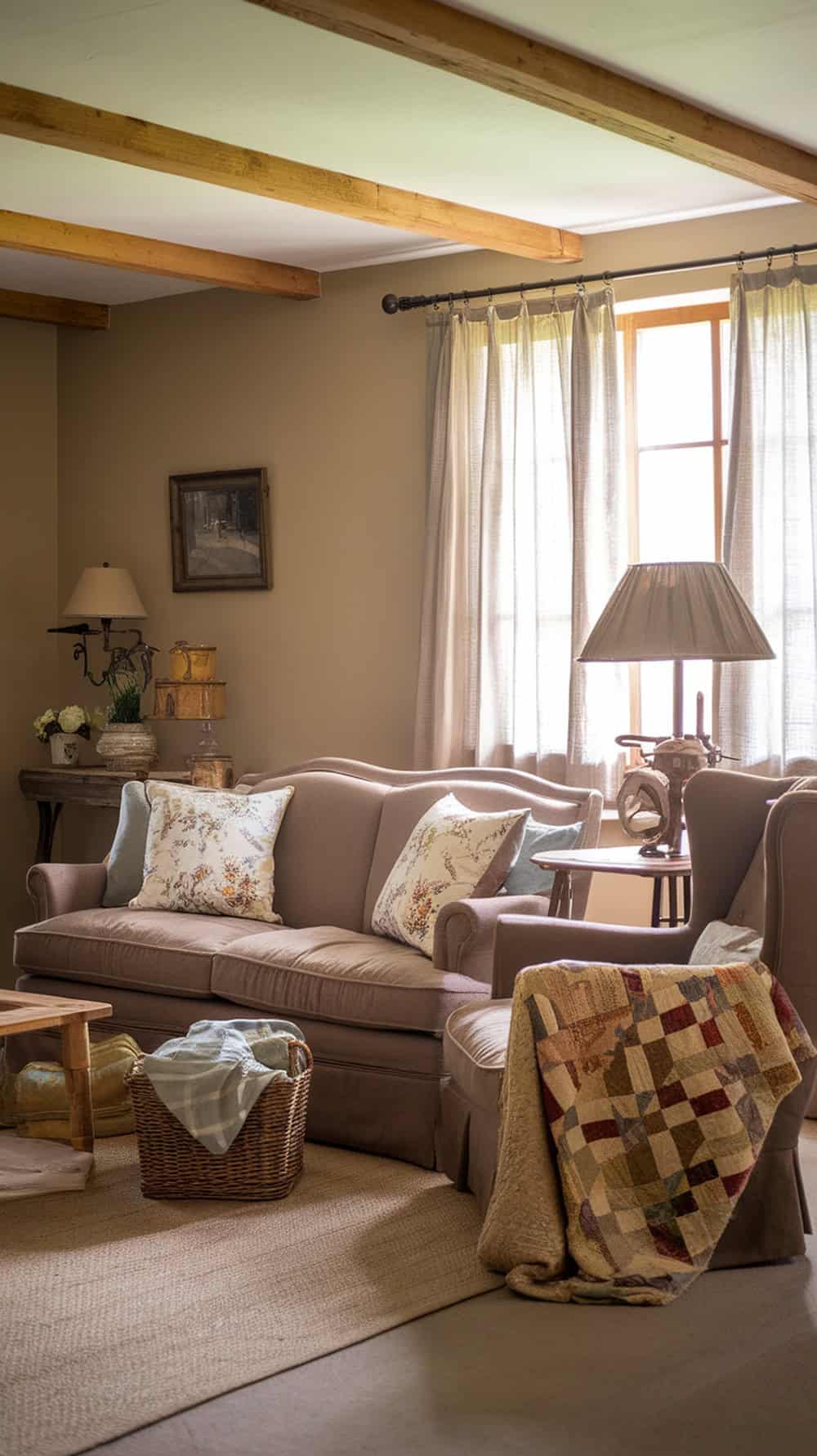 A cozy living room with a couch adorned with floral throw pillows and a quilt, creating a warm farmhouse cottage feel.