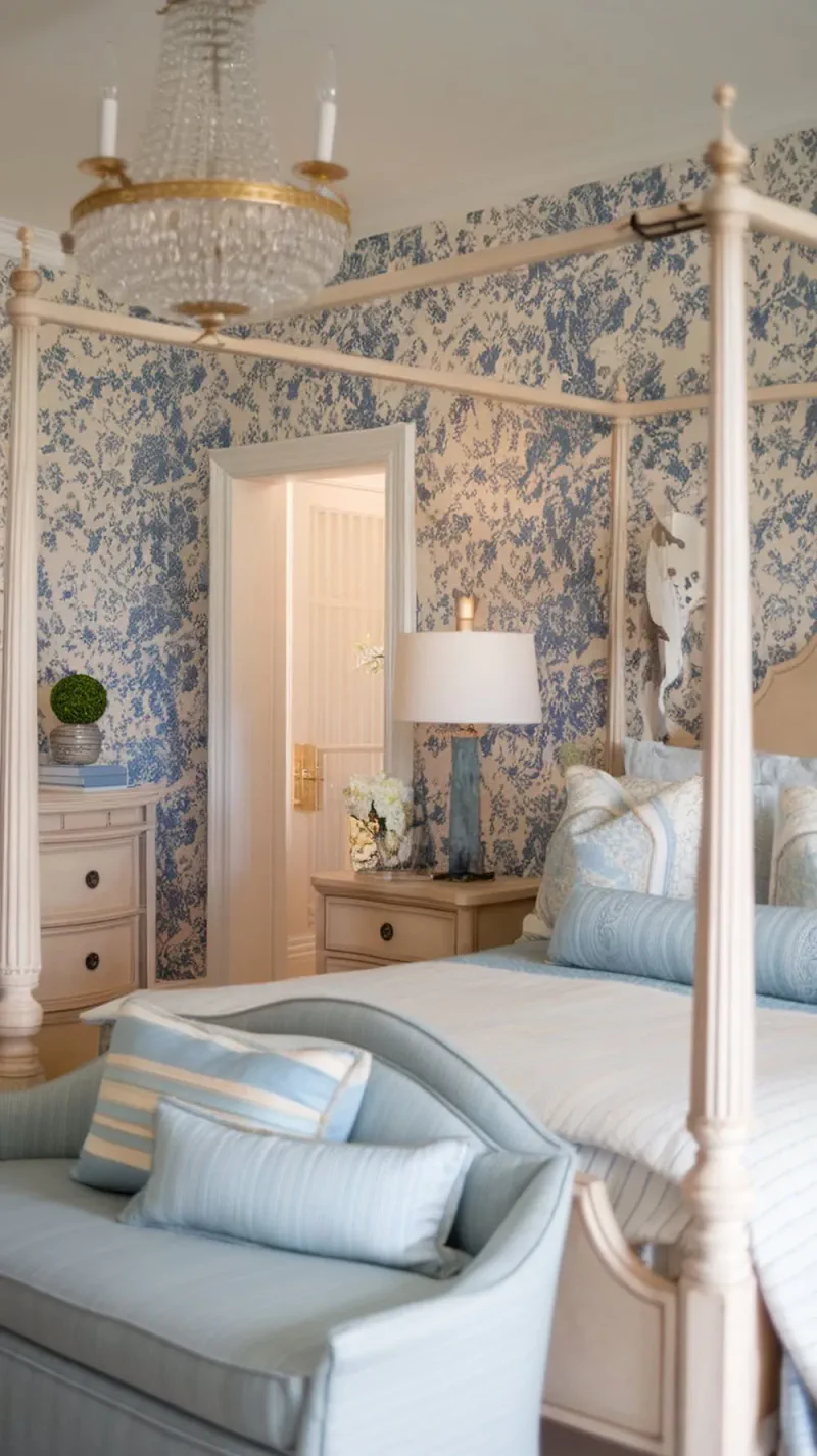 A cozy bedroom with floral wallpaper in blue and cream, featuring a four-poster bed and soft furnishings.