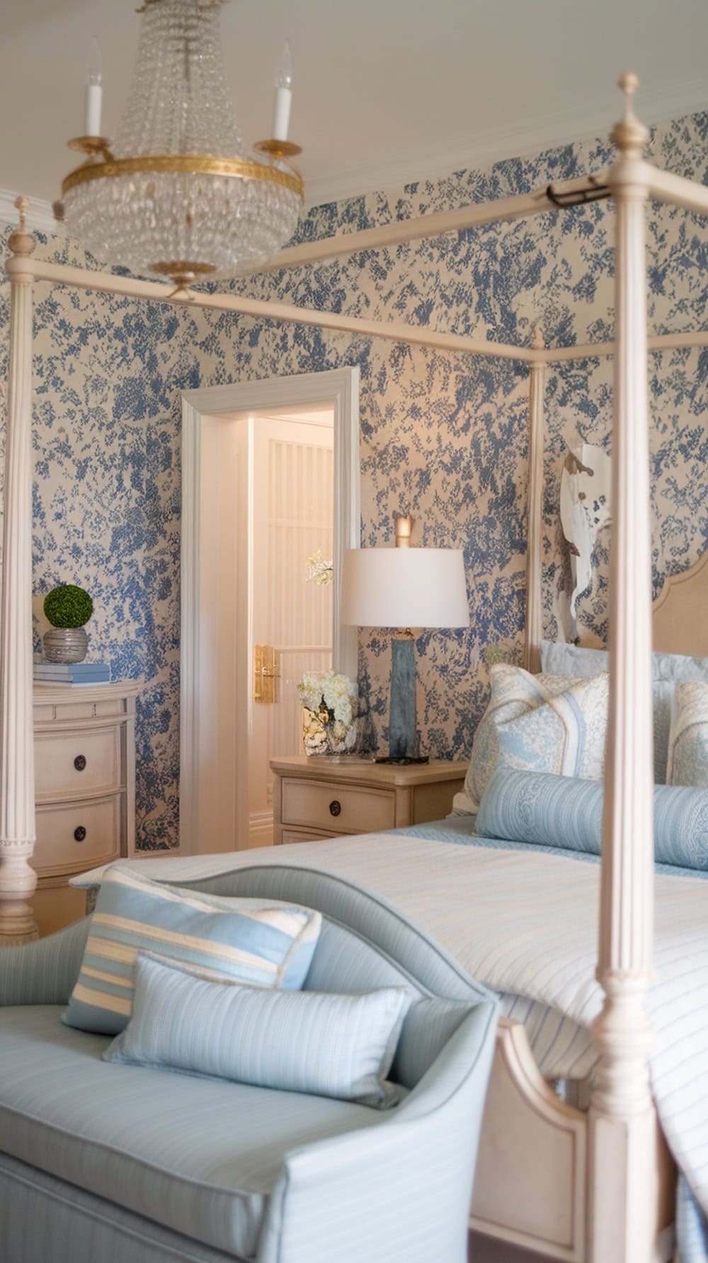 A cozy bedroom with floral wallpaper in blue and cream, featuring a four-poster bed and soft furnishings.