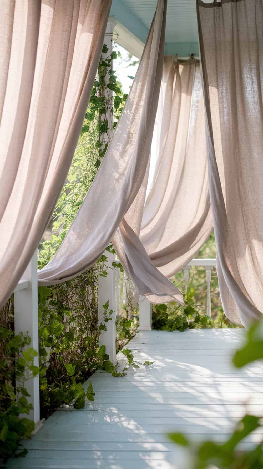 Light linen curtains hanging on a porch with greenery around