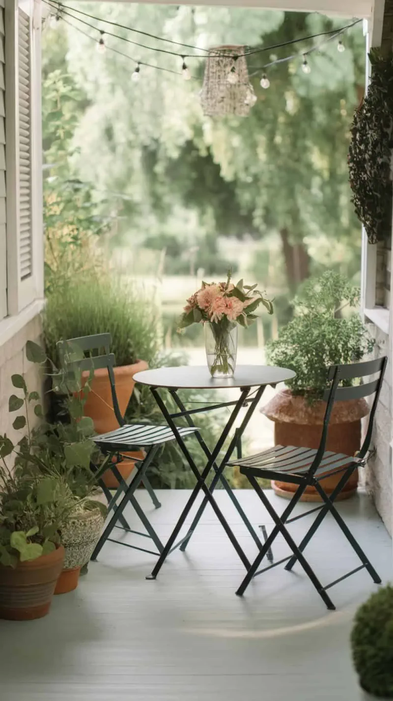 A narrow front porch with foldable bistro chairs and a small table, decorated with flowers.