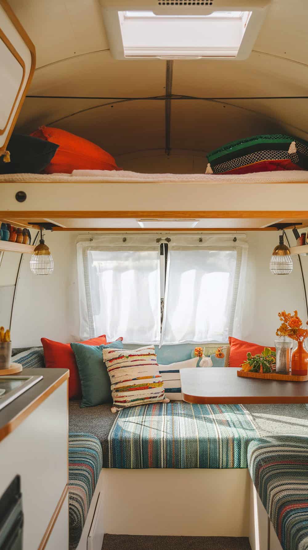 Cozy camper interior with a foldable top bunk, colorful cushions, and a bright living area.