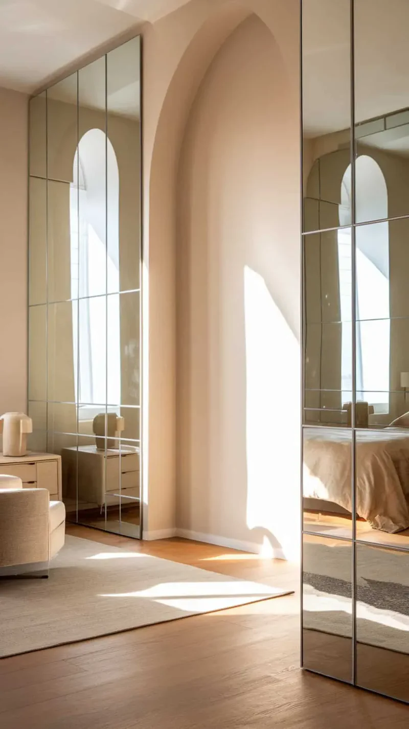 A modern bedroom with frameless mirrors reflecting light