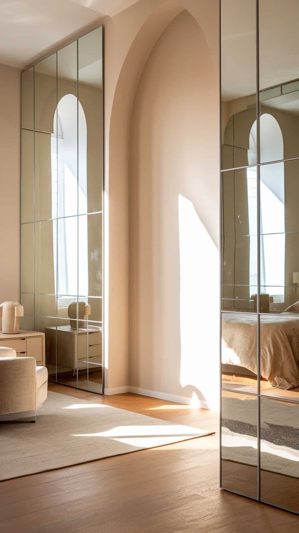 A modern bedroom with frameless mirrors reflecting light