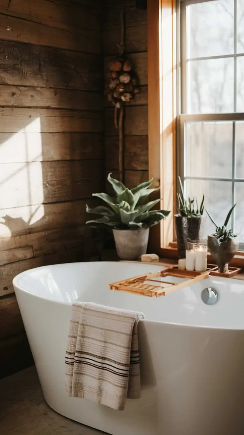 A cozy bathroom featuring a freestanding tub against a rustic wooden wall, with plants and candles nearby.