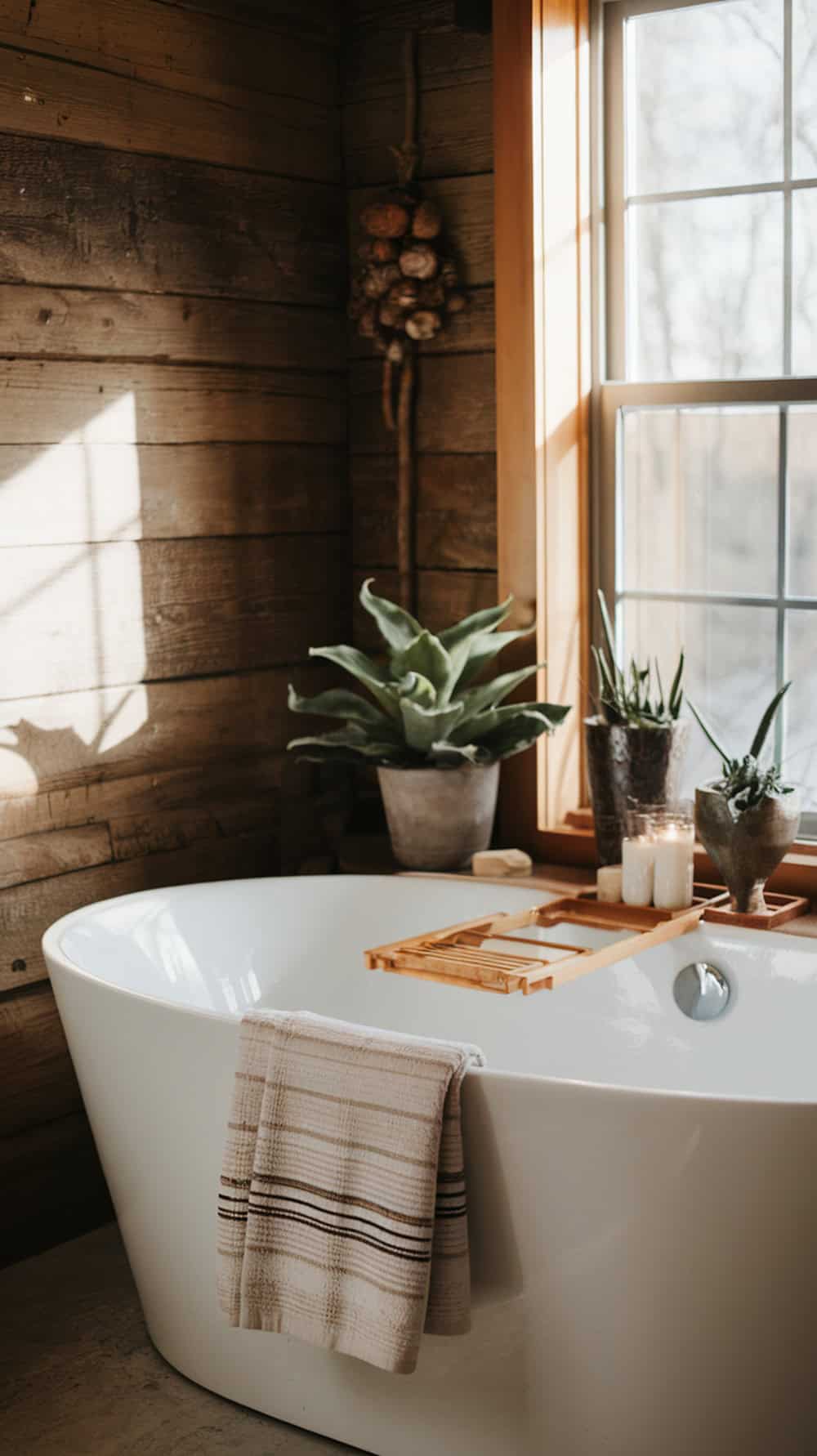 A cozy bathroom featuring a freestanding tub against a rustic wooden wall, with plants and candles nearby.