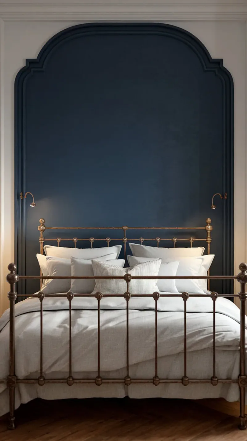 A cozy bedroom with a French blue accent wall and an iron bed.