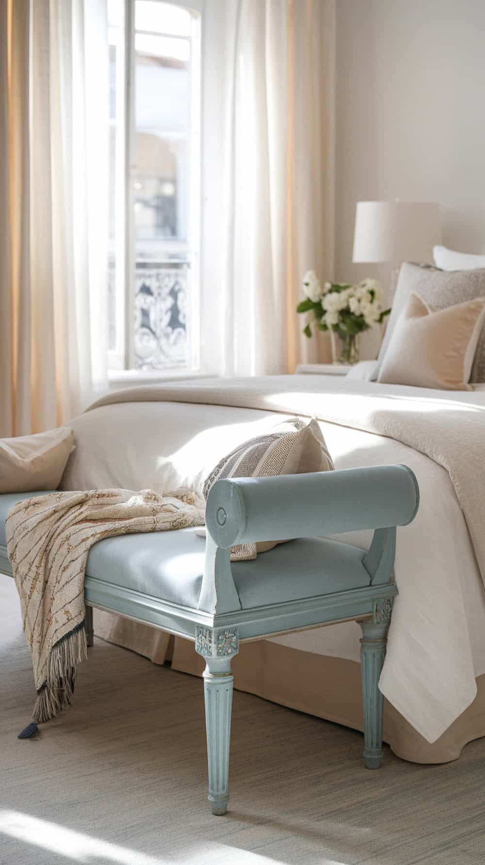 A stylish French blue bench at the end of a bed in a bright bedroom