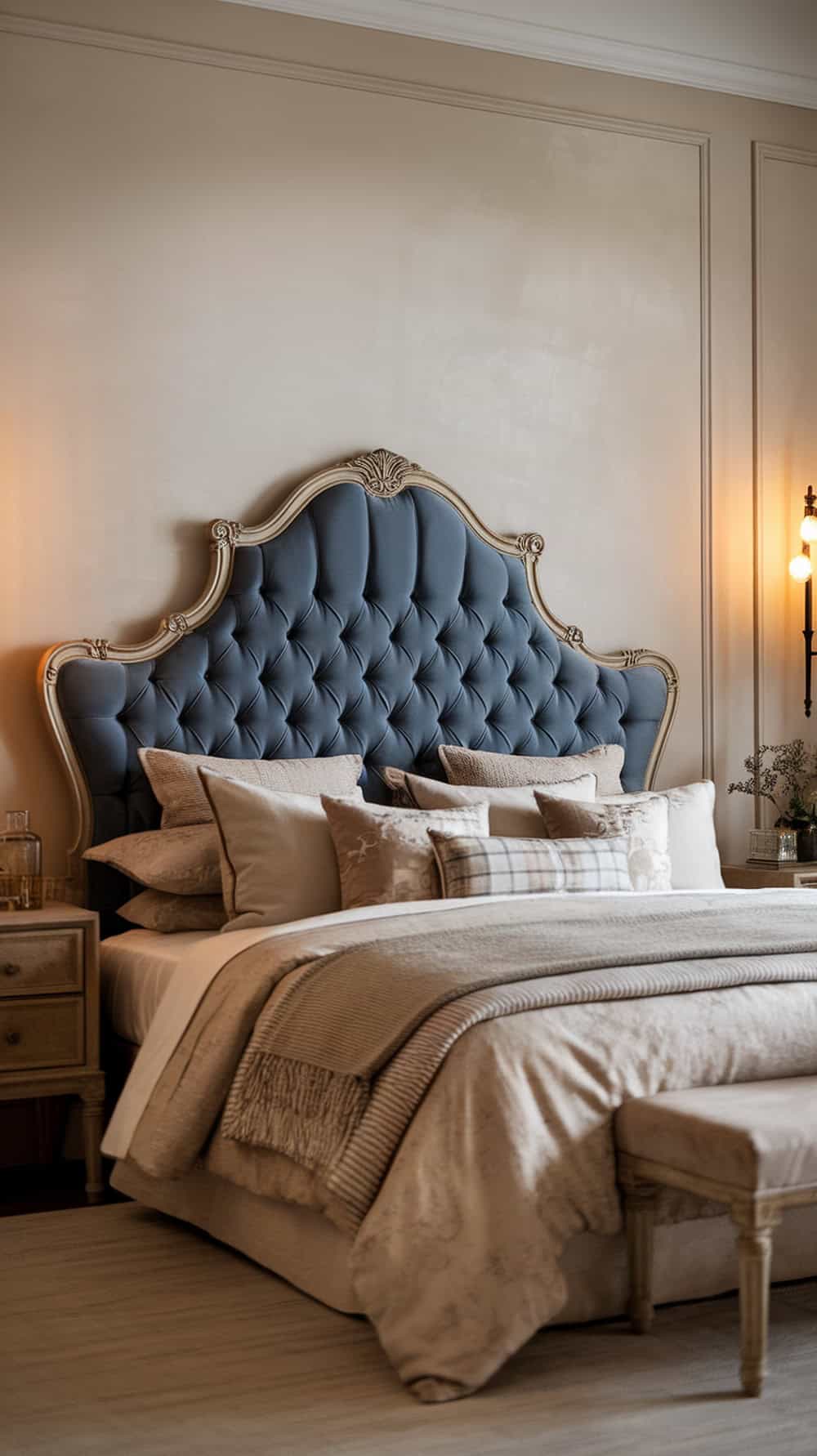 A French blue velvet headboard with tufted detail in a stylish bedroom setting.