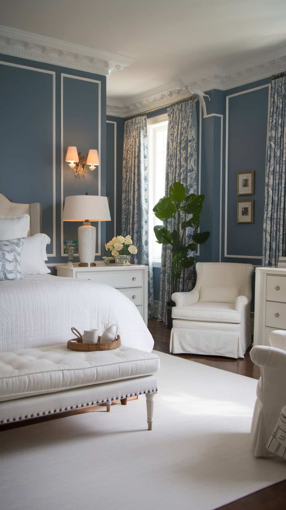 A cozy bedroom with French blue walls and white trim, featuring white furniture and floral accents.