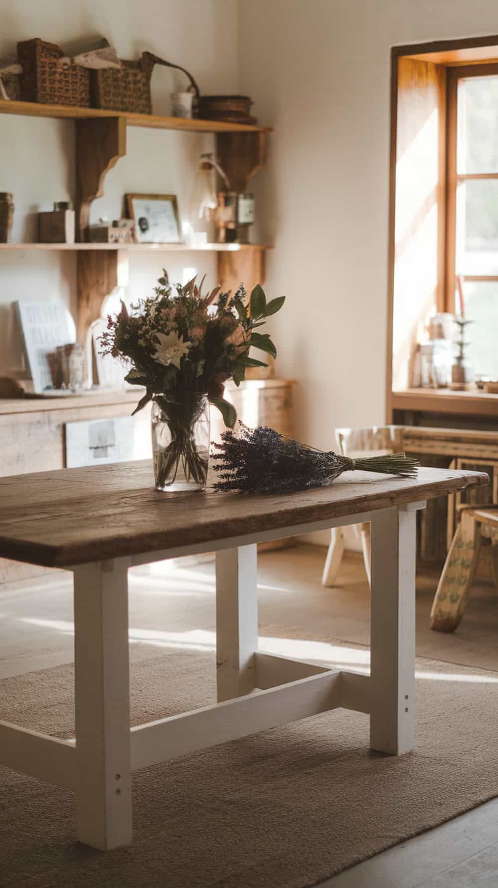 A rustic table with a vase of fresh flowers and a bunch of dried lavender in a cozy farmhouse interior.