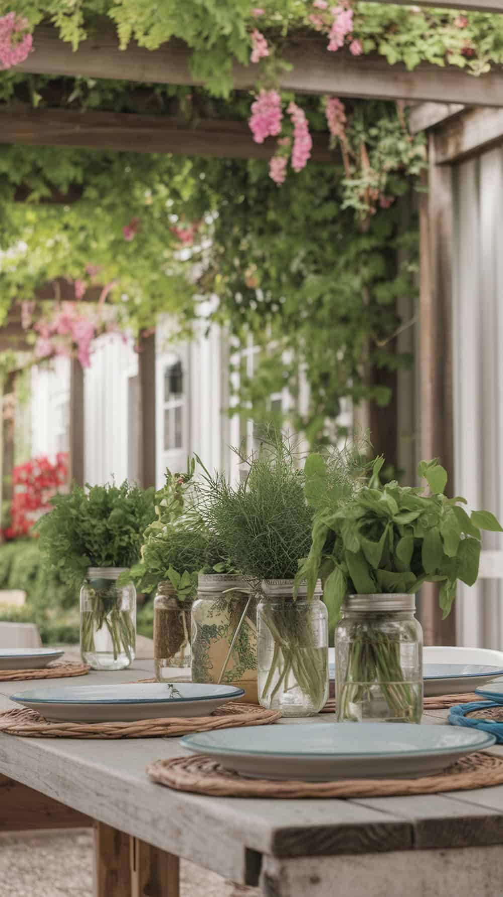A table set with fresh herb bouquets in mason jars, surrounded by plates and a green garden.