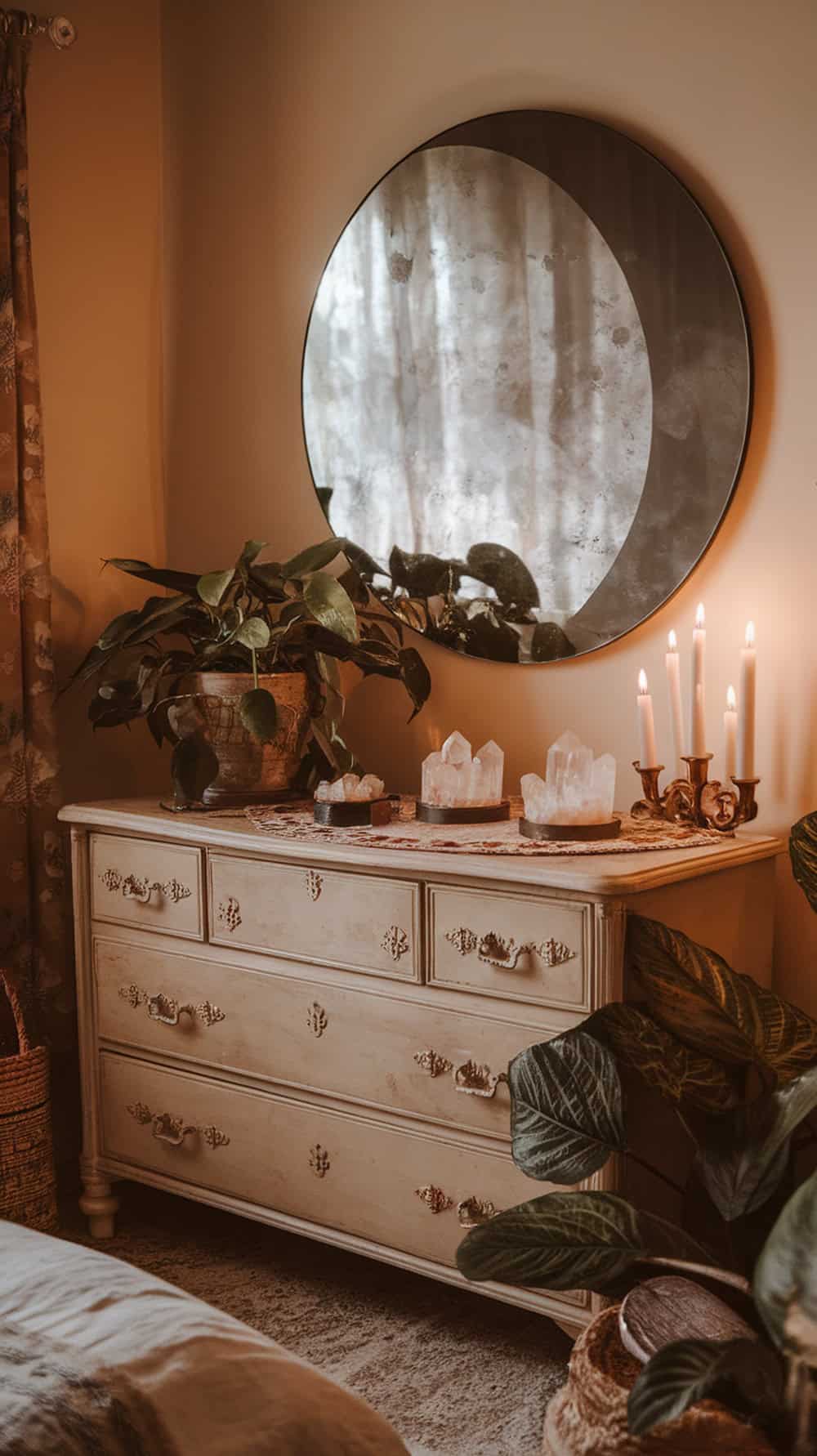 A full moon mirror above a dresser with candles, crystals, and plants.