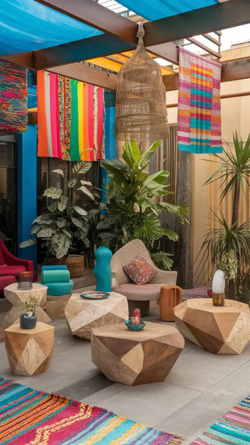 A vibrant living room featuring unique wooden tables, colorful rugs, and plants, creating a lively and cozy atmosphere.