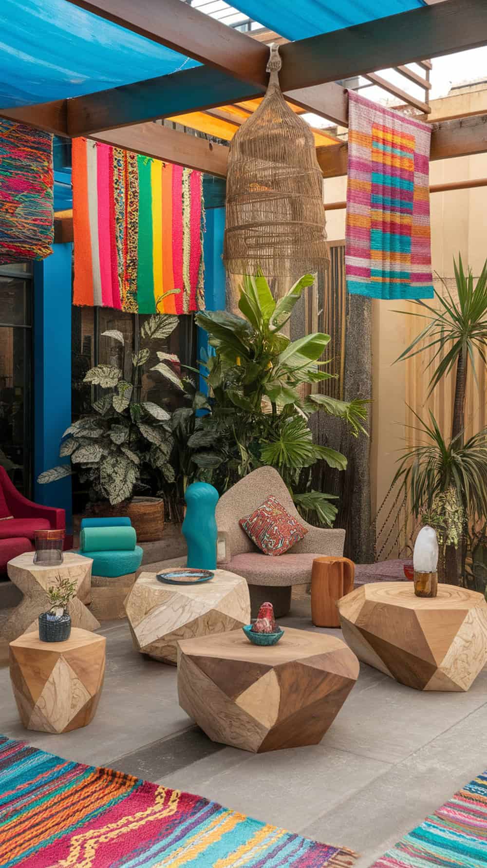 A vibrant living room featuring unique wooden tables, colorful rugs, and plants, creating a lively and cozy atmosphere.
