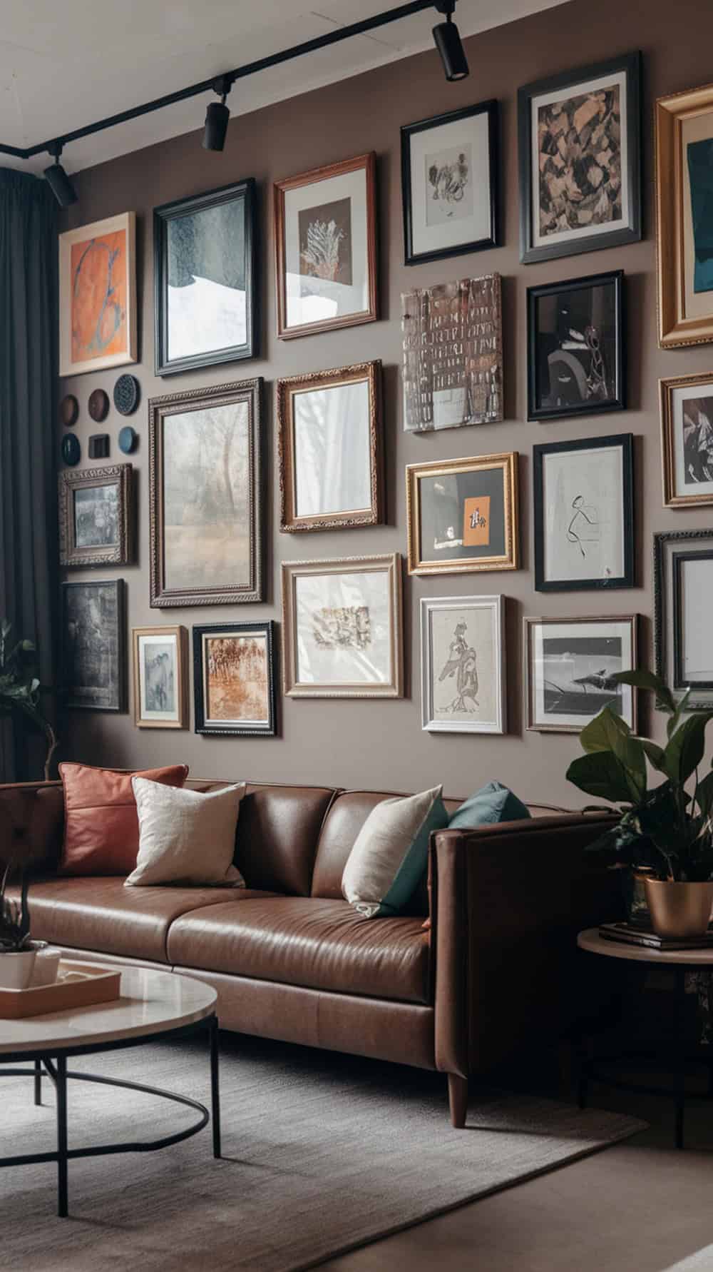 A cozy living room with a gallery wall featuring mismatched art frames, a brown leather sofa, and decorative pillows.