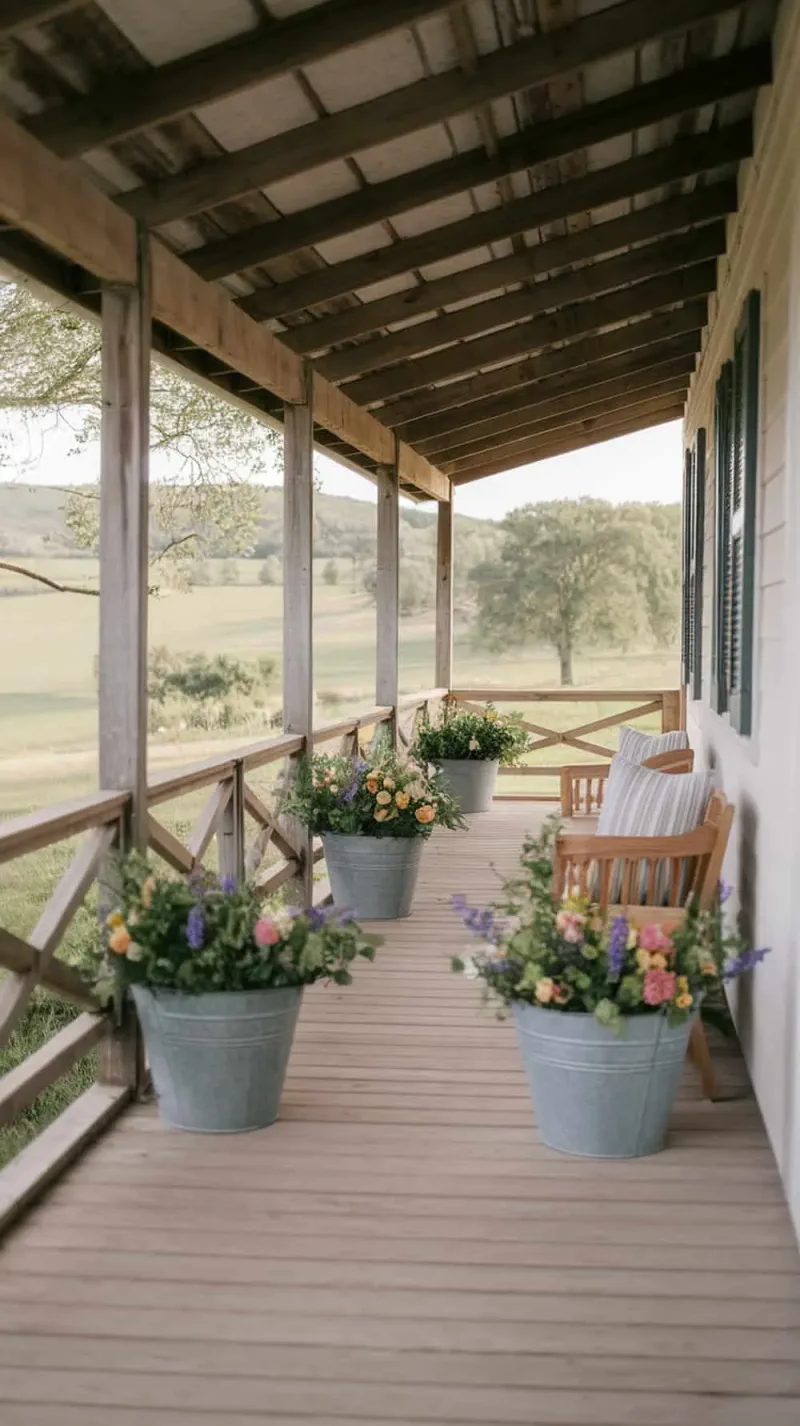 Galvanized buckets filled with colorful flowers on a porch