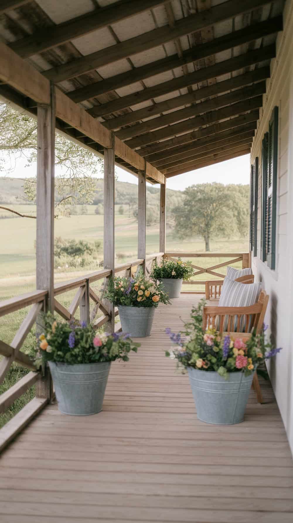Galvanized buckets filled with colorful flowers on a porch