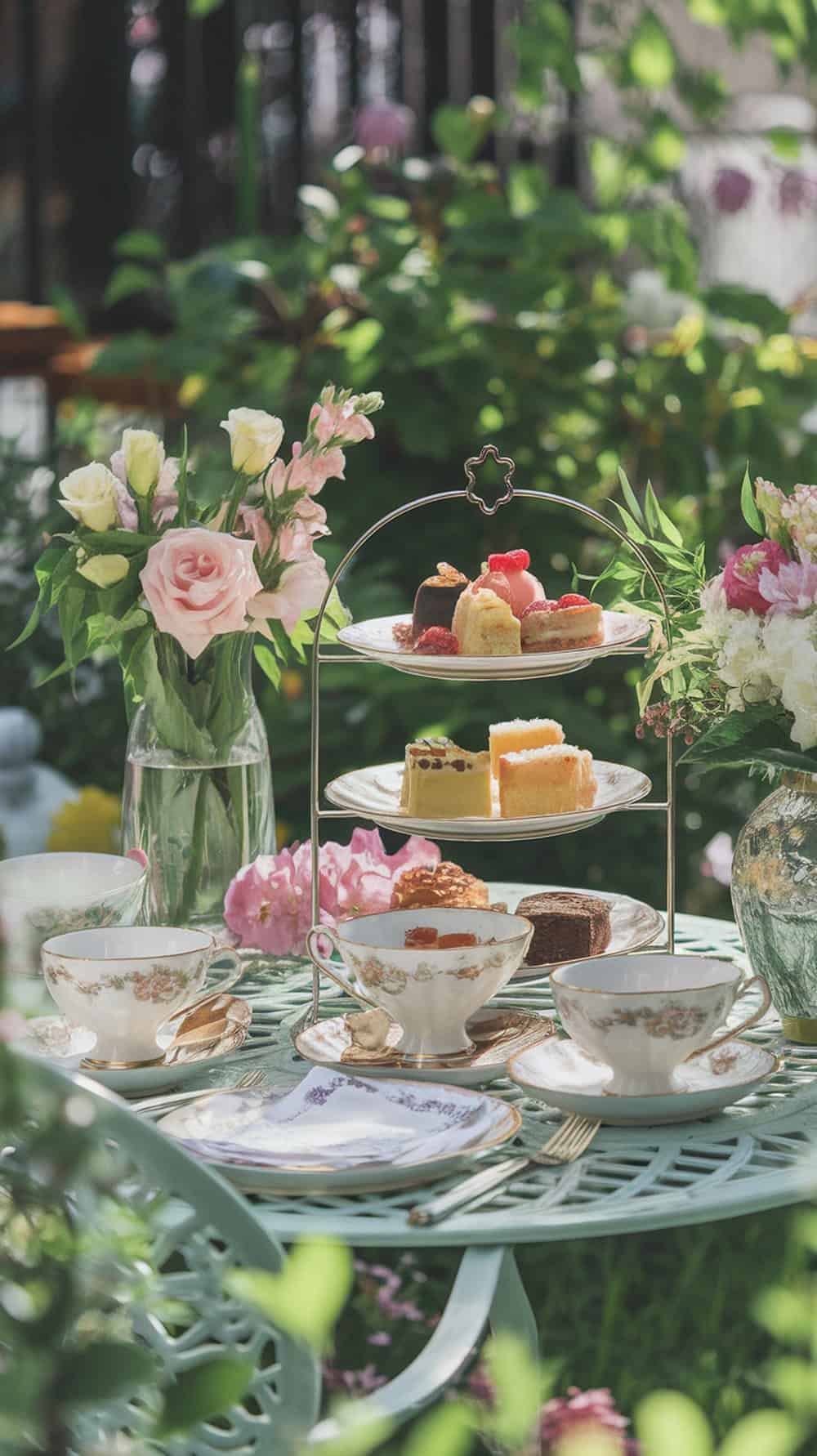 A garden table set for afternoon tea with flowers and pastries.