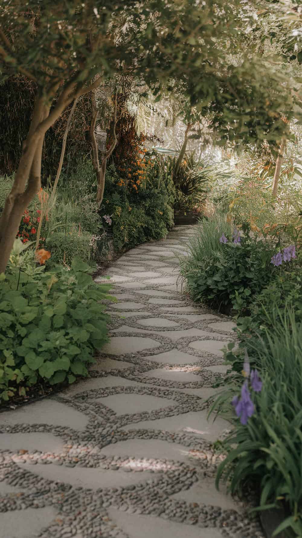 A beautiful garden pathway made of pebble mosaic patterns, surrounded by vibrant plants and flowers.