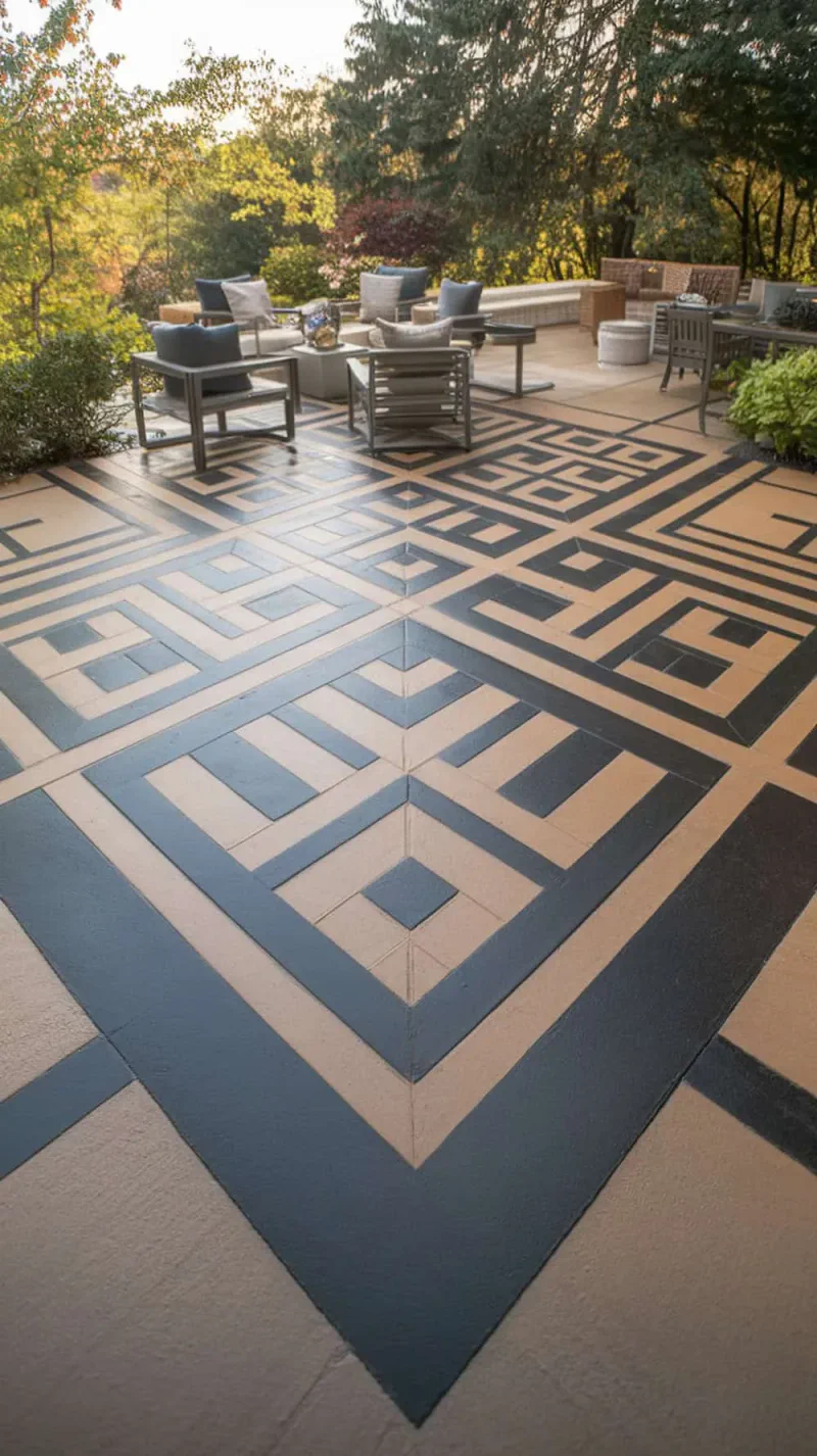 A modern stamped concrete patio with geometric patterns in black and tan colors.