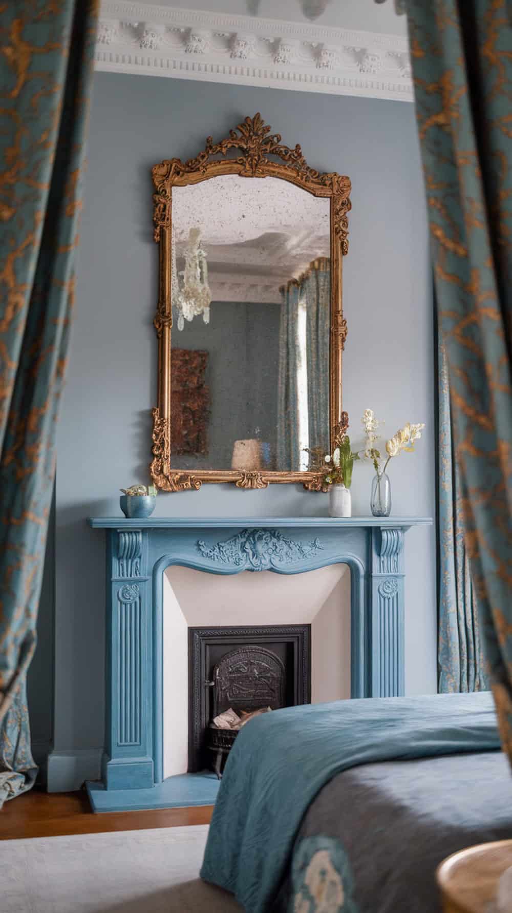 A stylish bedroom with a gilded mirror above a blue fireplace, featuring fresh flowers and patterned curtains.