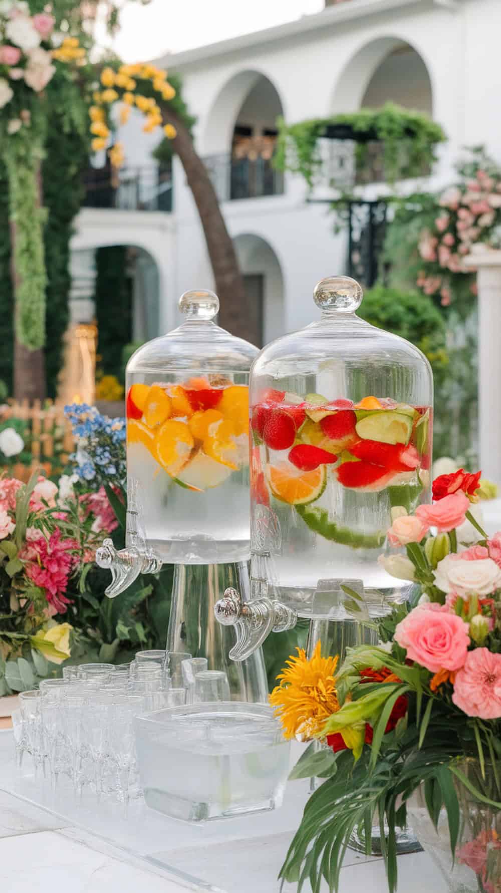 Two glass dispensers filled with fruit-infused water, surrounded by colorful flowers.