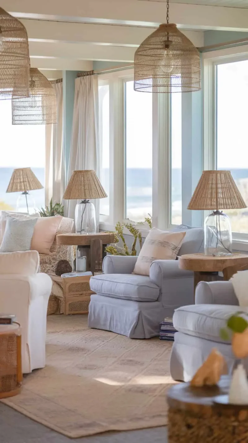 A cozy coastal living room featuring glass lamps with woven shades on wooden side tables.