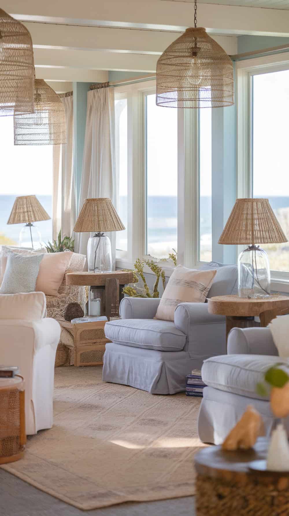 A cozy coastal living room featuring glass lamps with woven shades on wooden side tables.