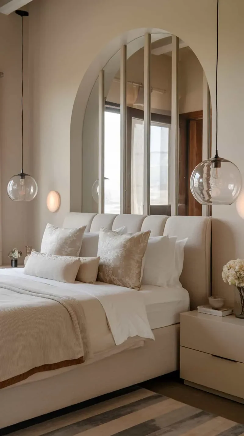 A modern bedroom featuring glass pendant lights on each side of the bed, creating a stylish and cozy atmosphere.
