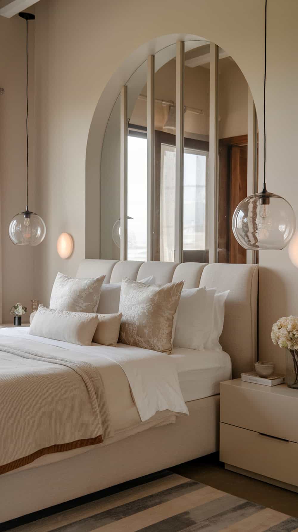 A modern bedroom featuring glass pendant lights on each side of the bed, creating a stylish and cozy atmosphere.
