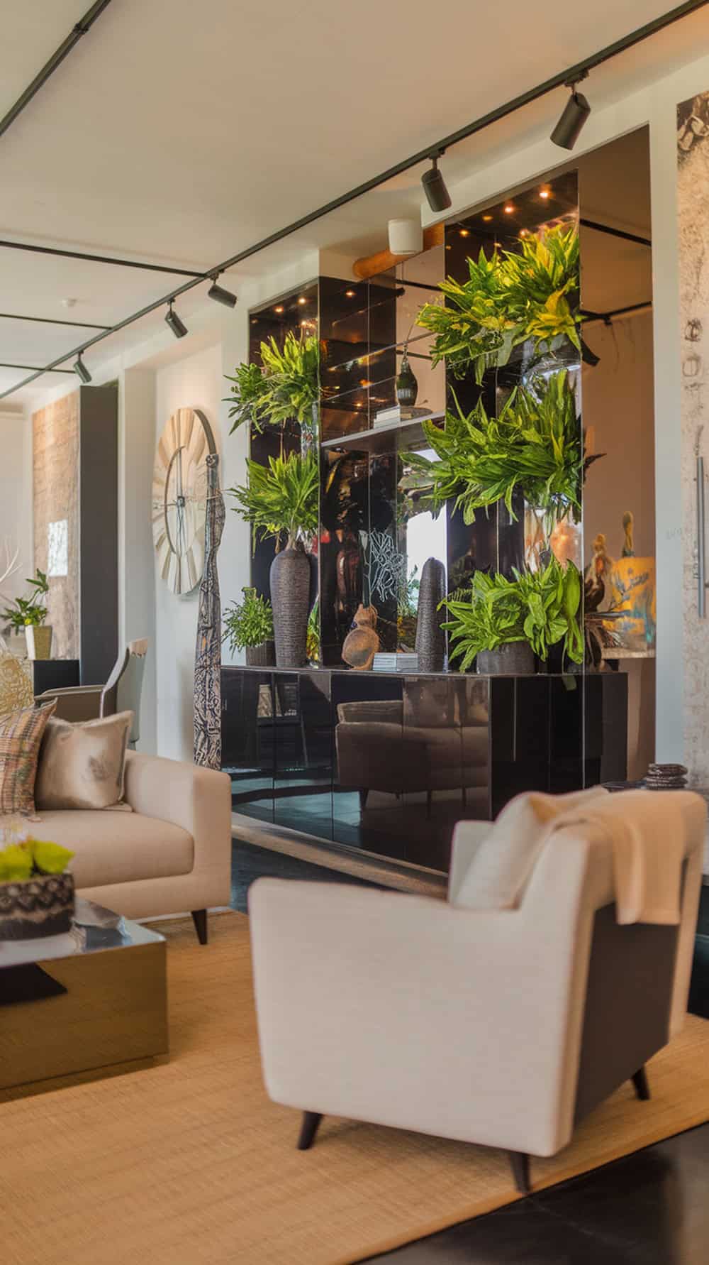 A modern living room with a glossy black cabinet and green plants.
