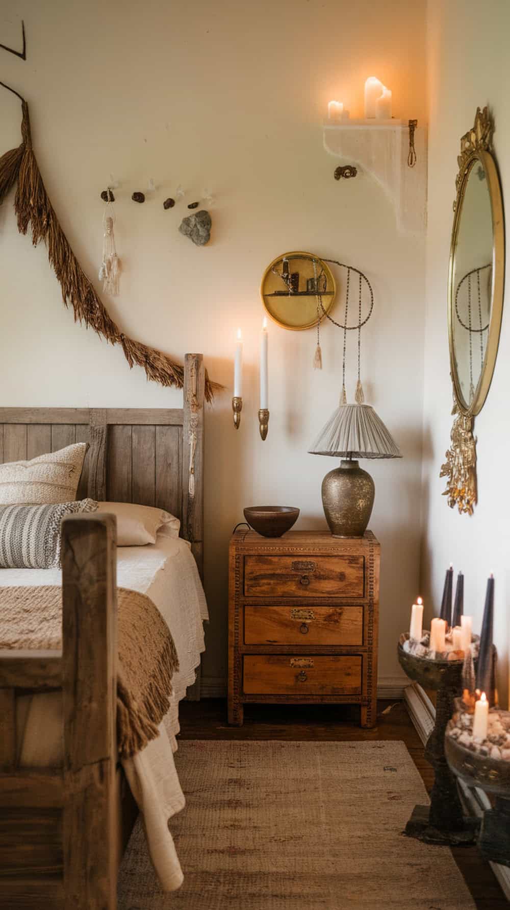 A cozy boho witchy bedroom featuring worn wood furniture and gold accents.