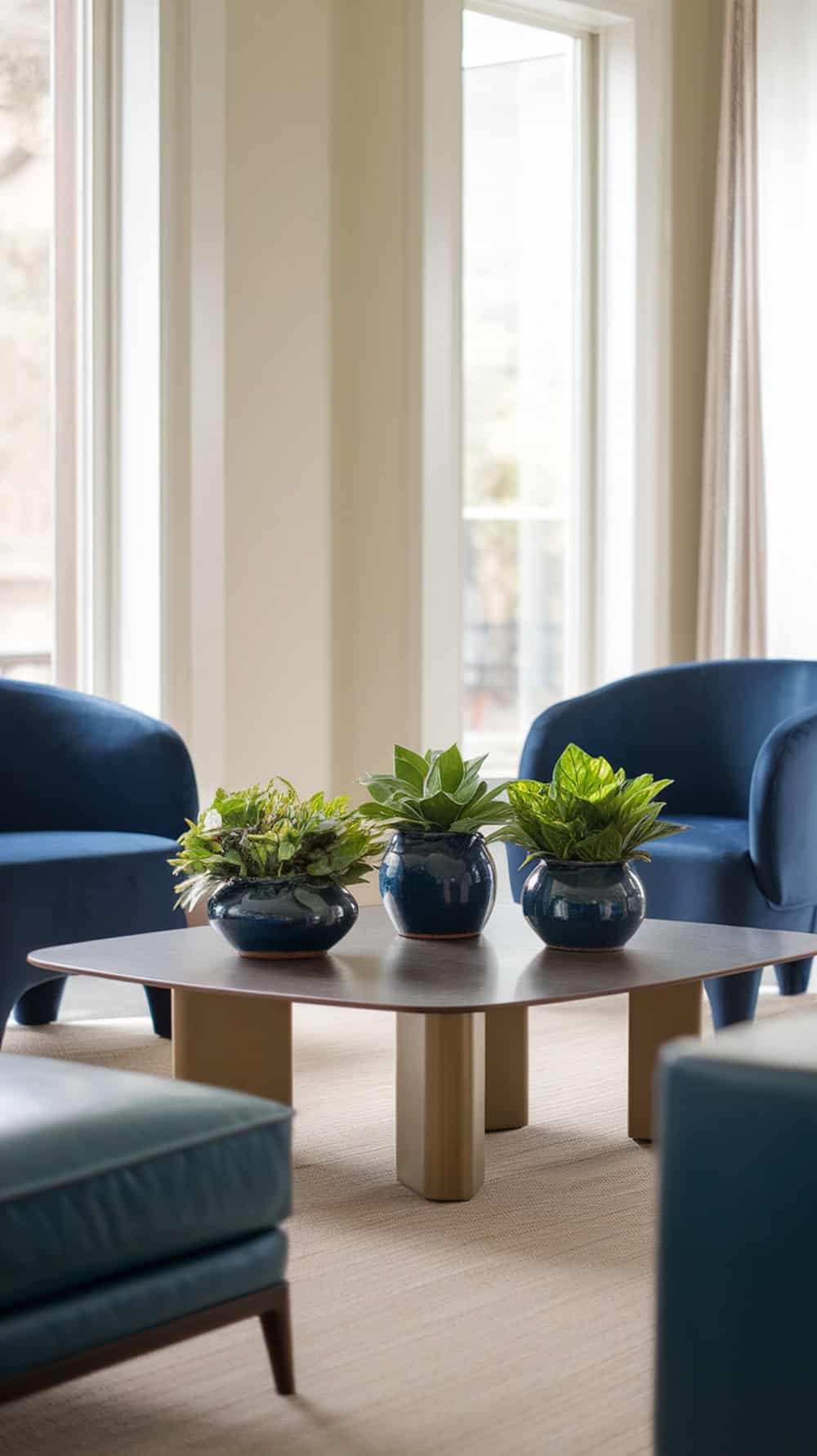 A cozy living room with green plants in blue ceramic pots on a coffee table.