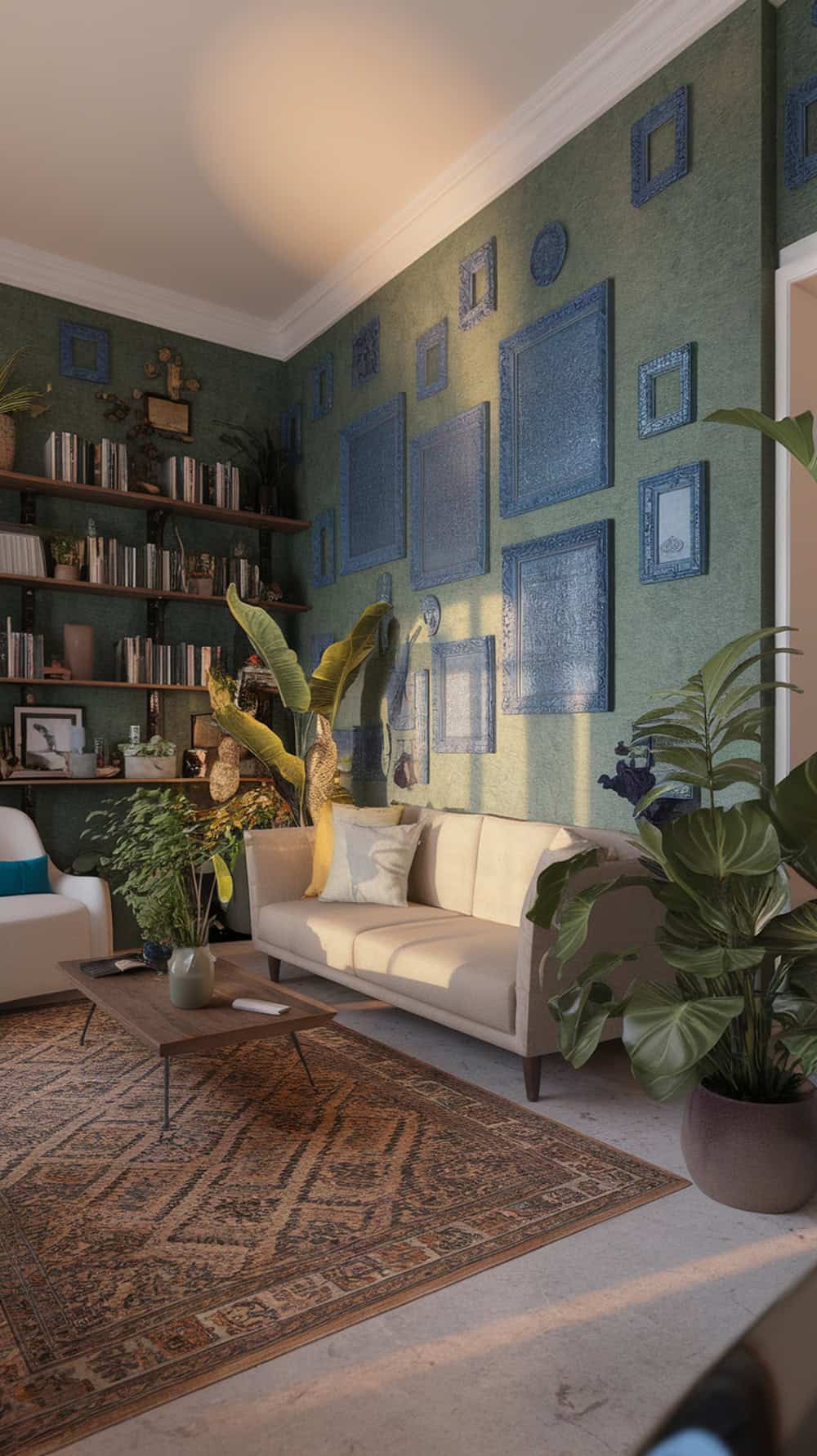 Living room with green wallpaper and blue picture frames