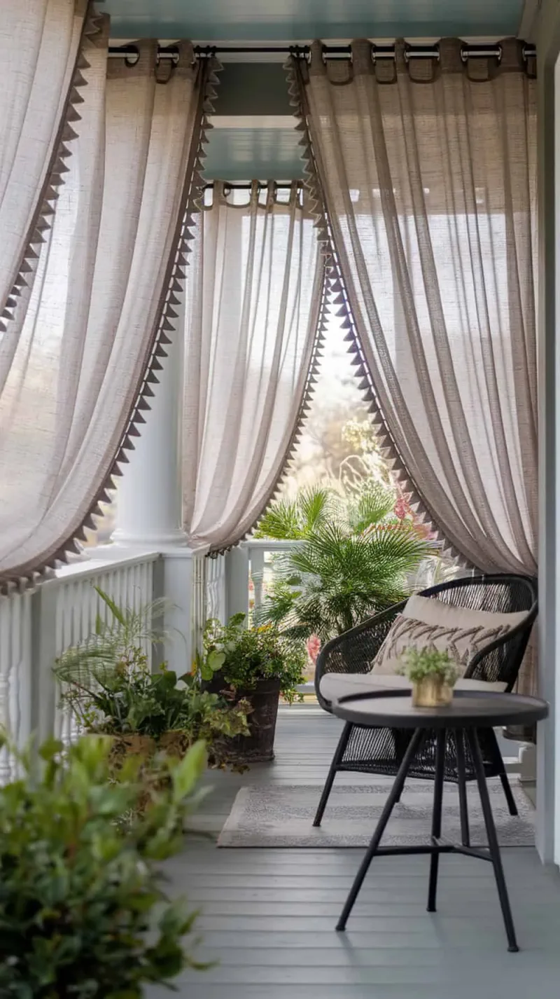 Grommet-top curtains hanging on a porch, framing a cozy seating area with plants.