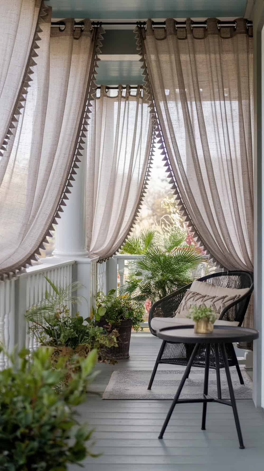 Grommet-top curtains hanging on a porch, framing a cozy seating area with plants.